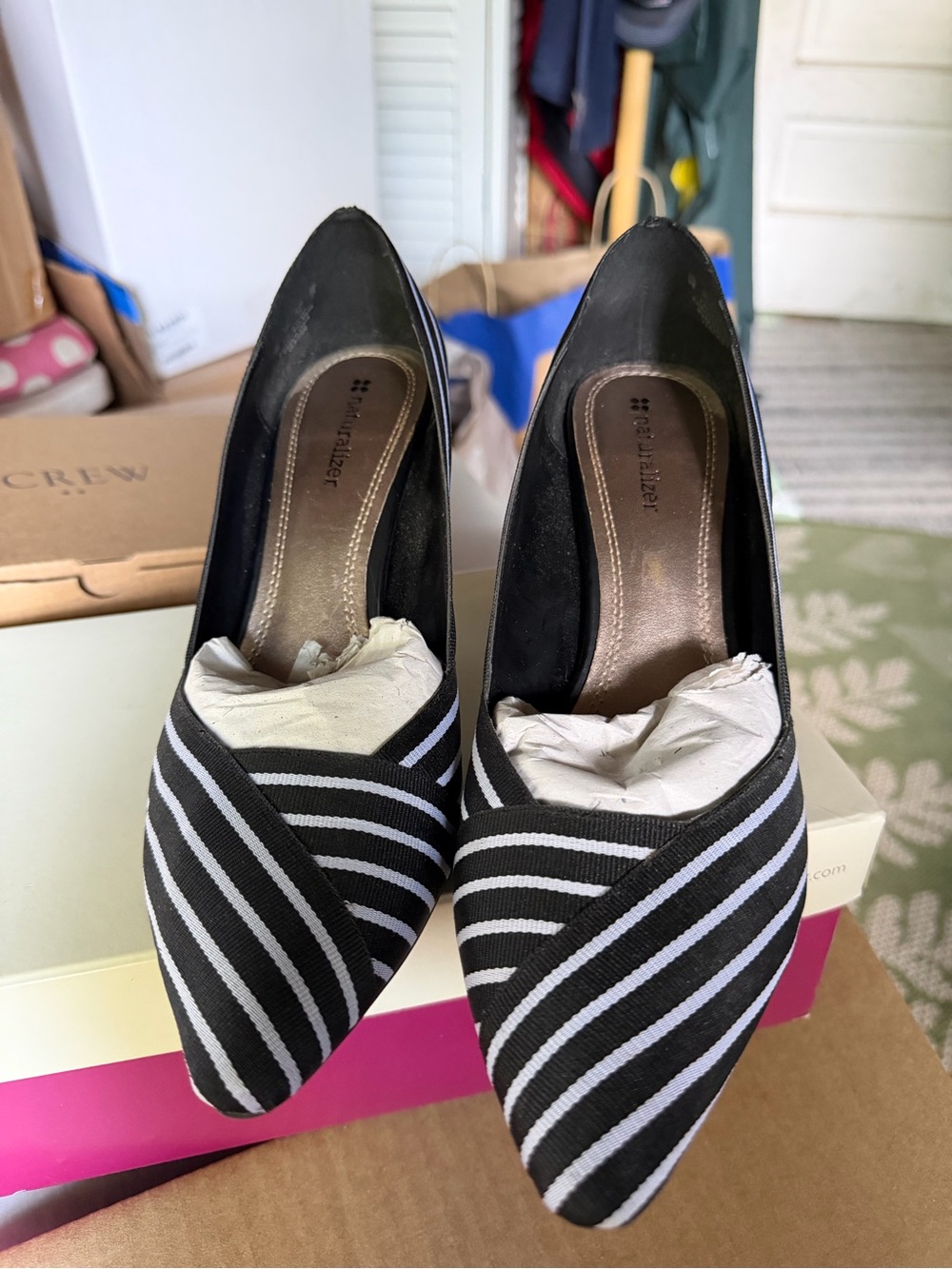 Naturalizer Black and White Striped Pointed-Toe Heels